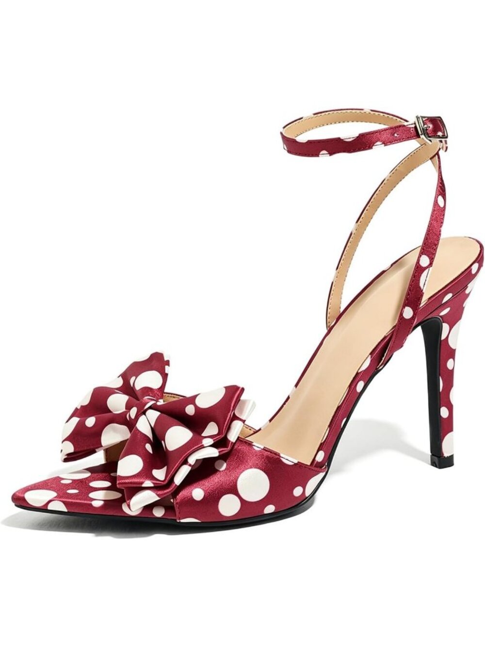 Women's Burgundy Polka Dot Bow Stiletto Open Toe Adjust Ankle Strap High Heels
